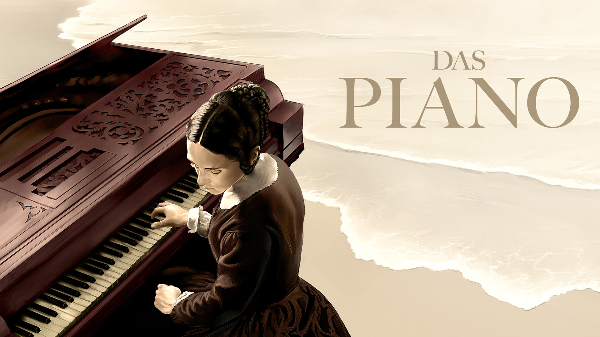 Grafik: Ada (Holly Hunter) spielt auf dem Piano am Strand, Quelle: Grant Matthews/Courtesy of Jan Chapman Productions