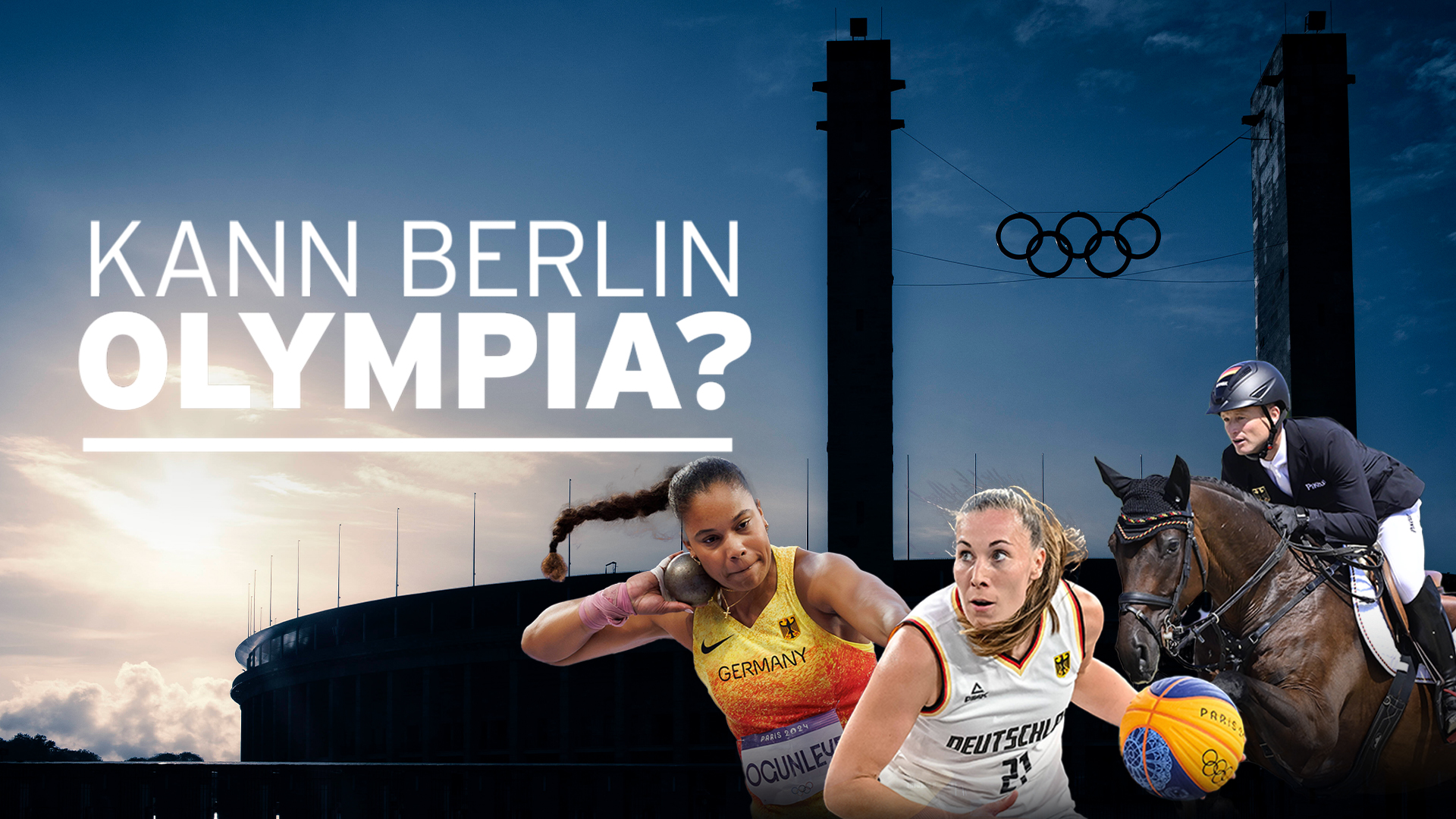 Montage: Olympiasiegerin Yemisi Ogunleye, Olympiasiegerin Svenja Brunckhorst und Olympiasieger Michael Jung stehen während des Sonnenuntergangs vor dem Olympiastadion Berlin (Quelle: IMAGO / Shotshop)