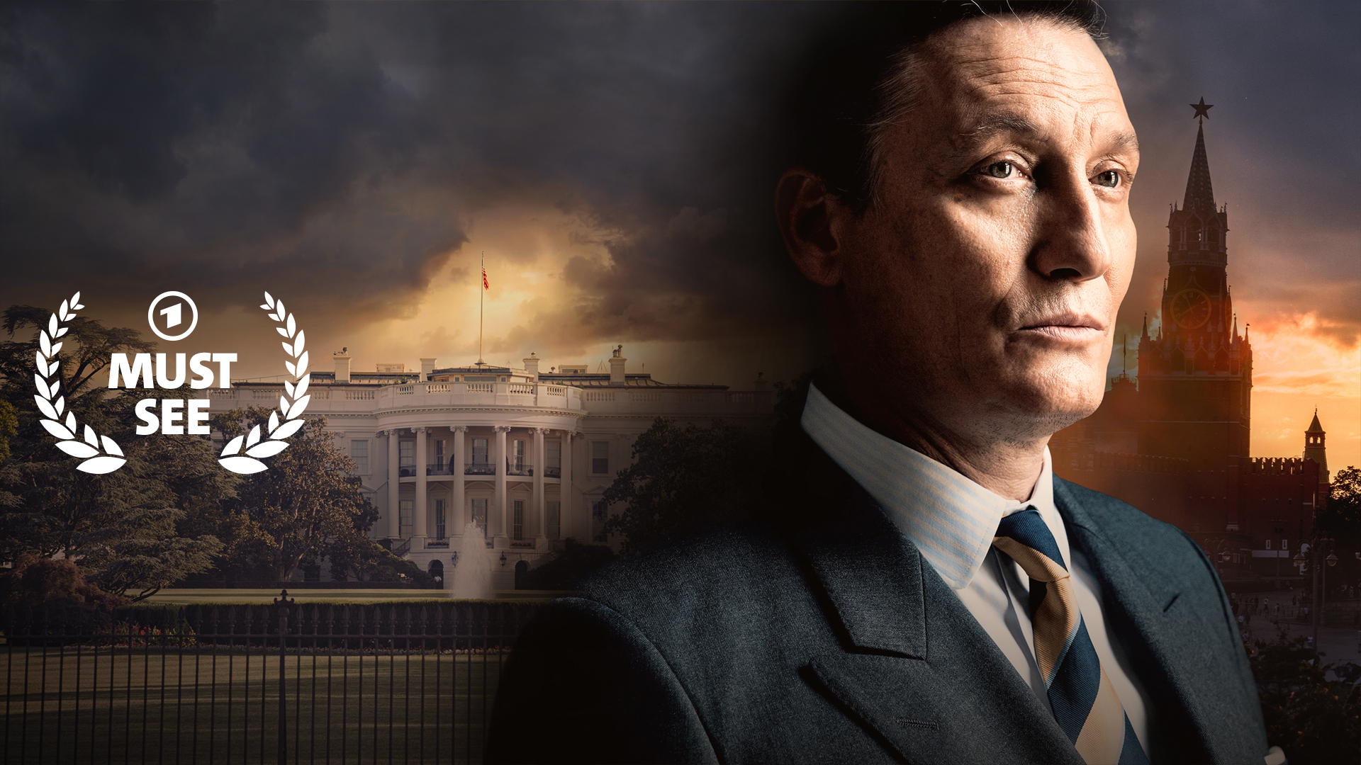 Collage: Alfred Herrhausen (Oliver Masucci) vor einem Hintergrund aus dem Weißen Haus in Washington und dem Roten Platz in Moskau | Bild: ARD Degeto/rbb/hr/swr/Sperl/Jürgen Olczyk