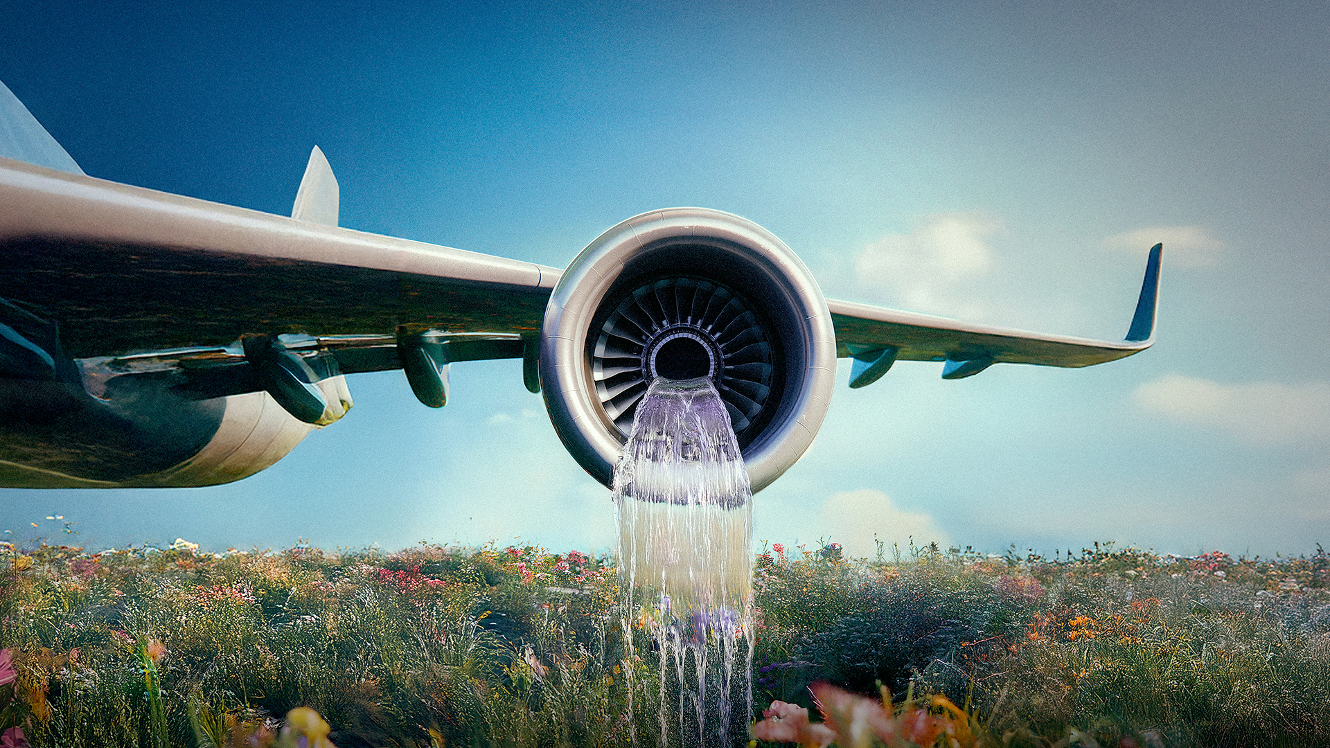 Collage: Ein Flugzeug über einer Blumenwiese, Aus einem Triebwerk fließt Wasser auf dem Boden| Bild: rbb/EIKON Media