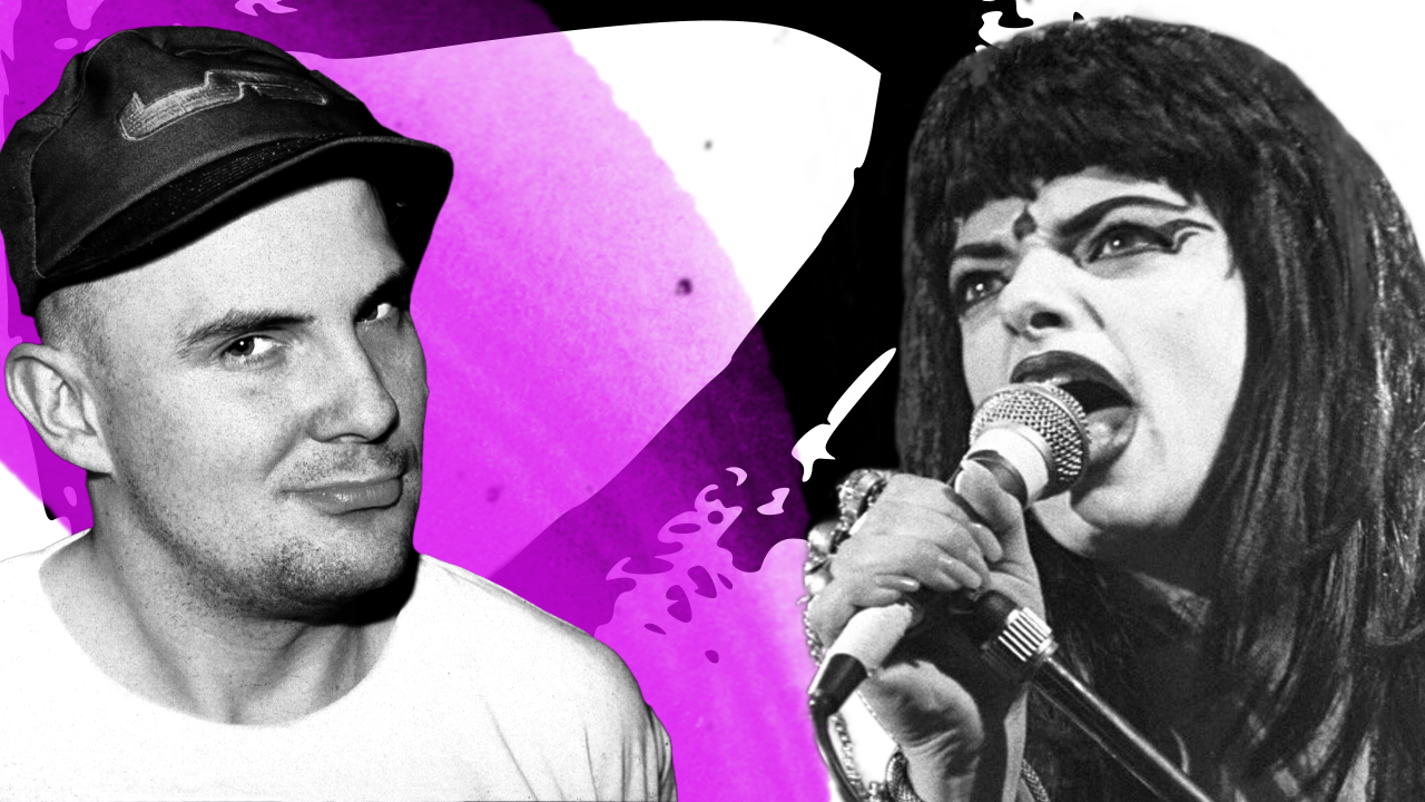 DJ Westbam (1996) und Nina Hagen (1994) in schwarz-weiß, pinker Pinselstrich. (Bild: rbb/IMAGO/POP-EYE/Rita Maier/Schwules Museum) 