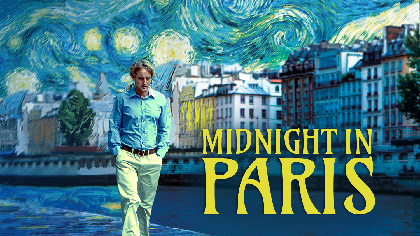 Collage: Gil (Owen Wilson) schlendert am Fluss in Paris, Gebäude und Himmel als Adaption von van Goghs "Sternennacht" | Bild: rbb/ LEONINE Studios