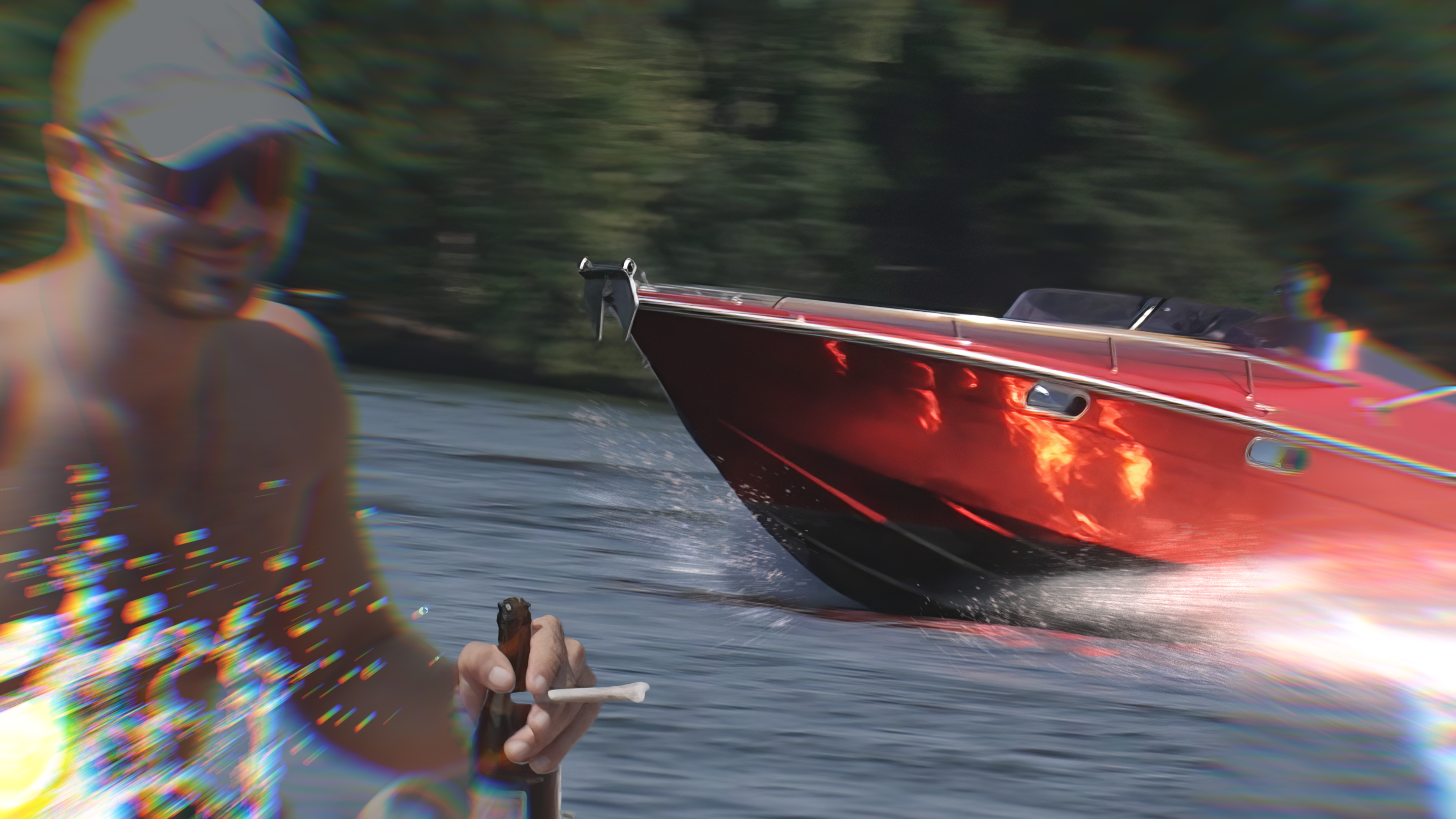 Ein Mann mit Bierflasche und Zigarette, dazu ein rasendes Motorboot – Sinnbild für Leichtsinn und Tempo auf dem Wasser. Bild zu: Bootsalarm - Chaos auf Havel und Spree