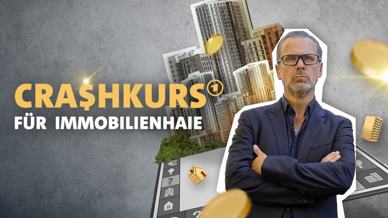 Collage: Schauspieler Matthias Matschke posiert mit arroganter Miene vor Hochhäusern.