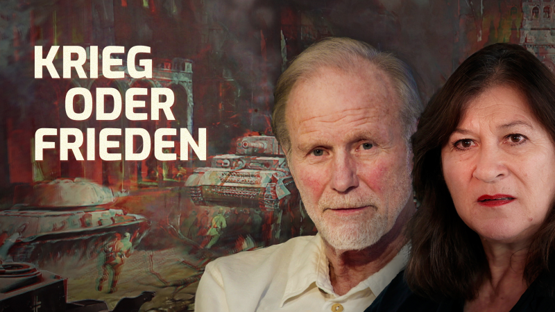 Collage: Im Vordergrund zwei Porträts von Ekhart Hahn und Eva Mattes, im Hinergrund sind Panzer zu sehen.