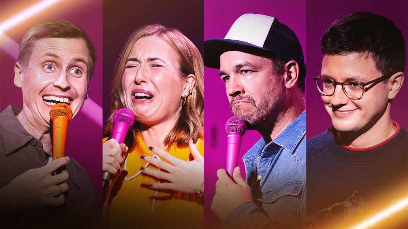 Fotomontage: Die Comedians Till Reiners, Lena Kupke, Jan van Weyde und Christoph Fritz auf der Bühne von "falsch, aber anders lustig" | Bild: rbb/Daniel Dittus