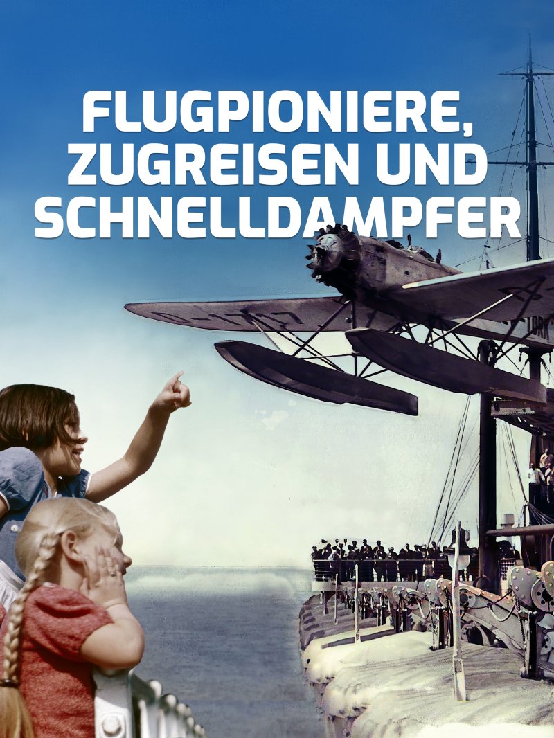 Collage: Zwei Mädchen an der Reling eines Schiffes schauen fasziniert auf ein Propellerflugzeug, das knapp über dem Meer fliegt.