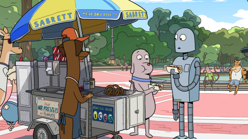 HUND und Roboter stehen vor einen Hotdog-Stand: Filmstill aus dem Zeichentrickfilm "Robot Dreams".