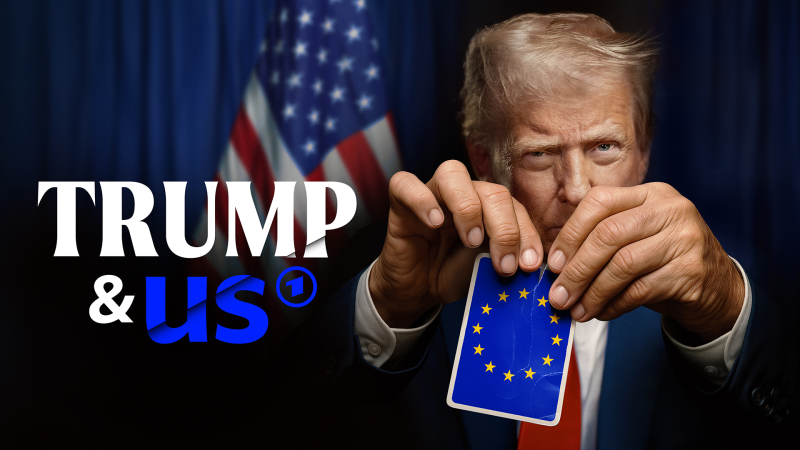 Collage: Donald Trump zerreißt eine Spielkarte auf dem die EU-Sterne abgebilfdet sind. Im Hintergrund ist die amerikanische Flagge zu sehen.