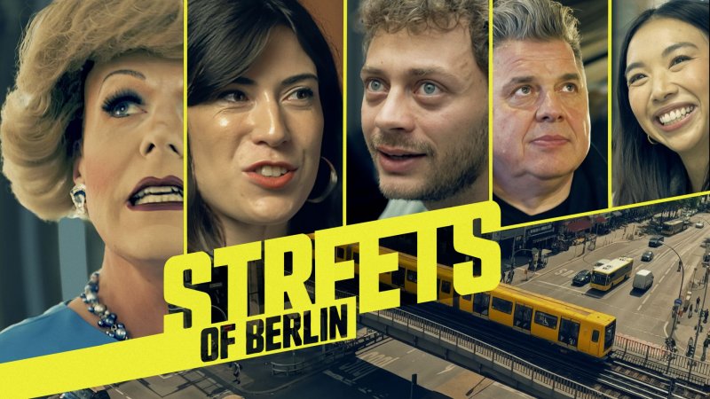 Collage-Motiv zur Dokuserie „Streets of Berlin“: fünf Porträts über einer Berliner Straßenkreuzung mit gelber Straßenbahn;
