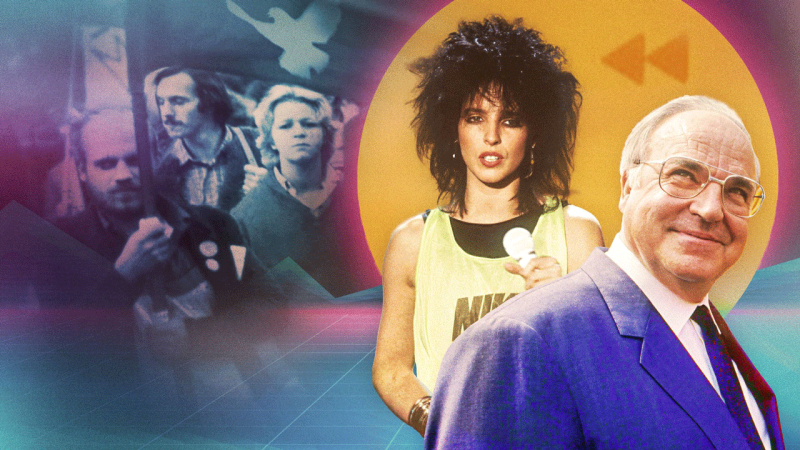 Bildcollage mit der Sängerin Nena und Bundeskanzler Kohl im Vordergrund. (Bild: rbb/imago/United Archives/imago stock&people/picture alliance/teutopress/imageBROKER/ Colourbox.de/Bildschärfung mit KI) 