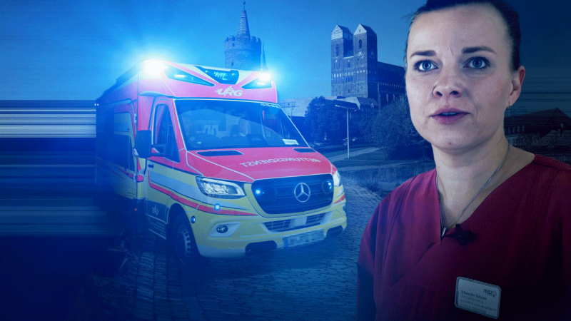 Bildcollage: Ärztin und Rettungswagen vor Brandenburger Kleinstadt mit Kirchtürmen, (Quelle: rbb/picture Alliance)