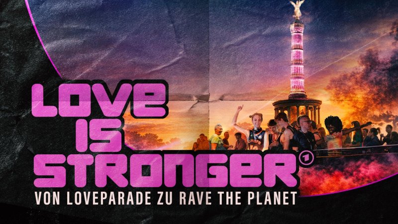 Collage zu „Love is Stronger“ mit Berliner Siegessäule, feiernden Menschen bei einer Technoparade und dem pinken Schriftzug „Love is Stronger“.