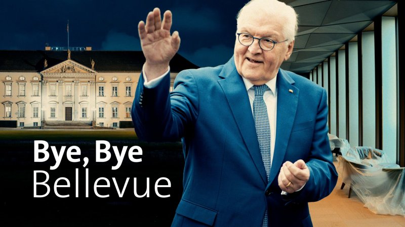 Collage: Bundespräsident Frank-Walter Steinmeier im Anzug vor Schloss Bellevue und einem modernen Bürogebäude.
