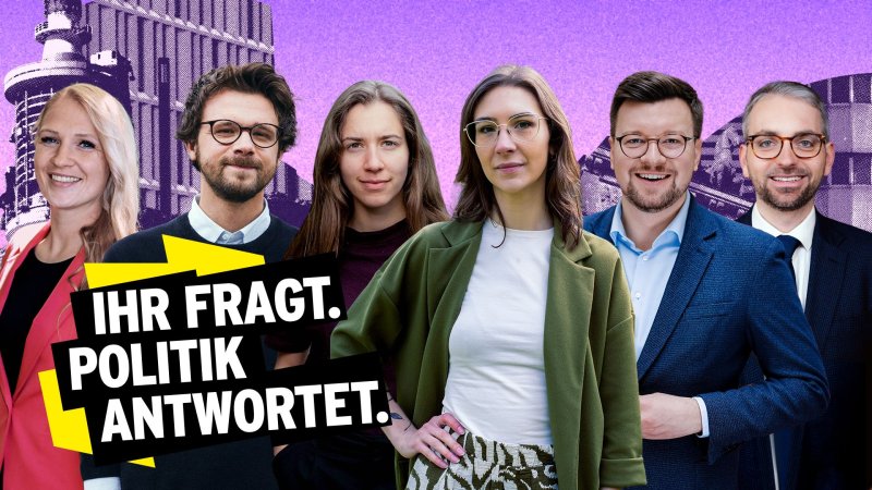 Sechs Politikerinnen und Politiker stehen vor einer stilisierten Berliner Stadtkulisse. - Bildmontage