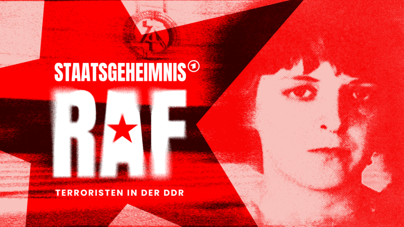 Bildmontage in Rot-Schwarz-Weiß-Rasterung, roter Stern, Porträt von Silke Maier-Witt, Staatswappen auf Palast der Republik, (Quelle: rbb/IMAGO/United Archives Keystone/Ruth Geist-Reithmeier) Bearbeitung: rbb (das Visuals wurde teilweise KI bearbeitet)